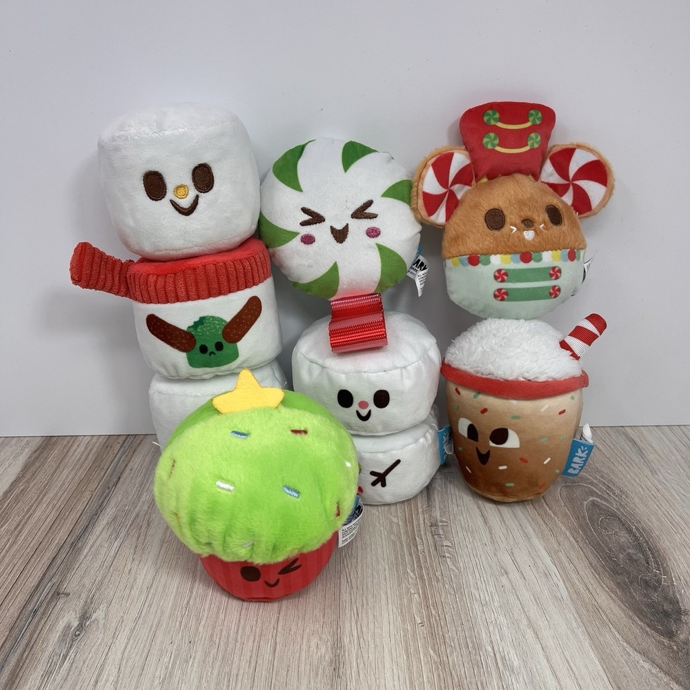 BarkBox Holiday Dog Toy Lot 6 Plush Snowman Peppermint Cocoa Cupcake Christmas